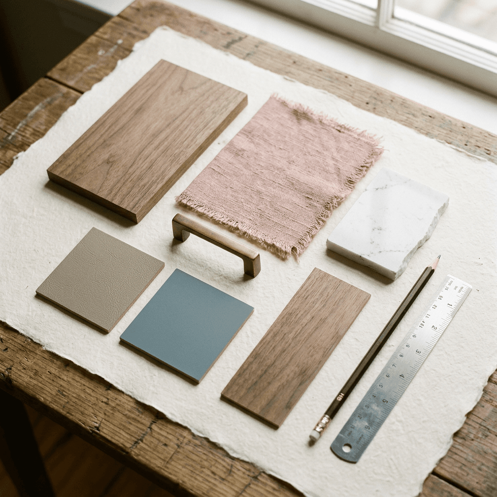 A material moodboard with walnut, linen, brass and quartz samples